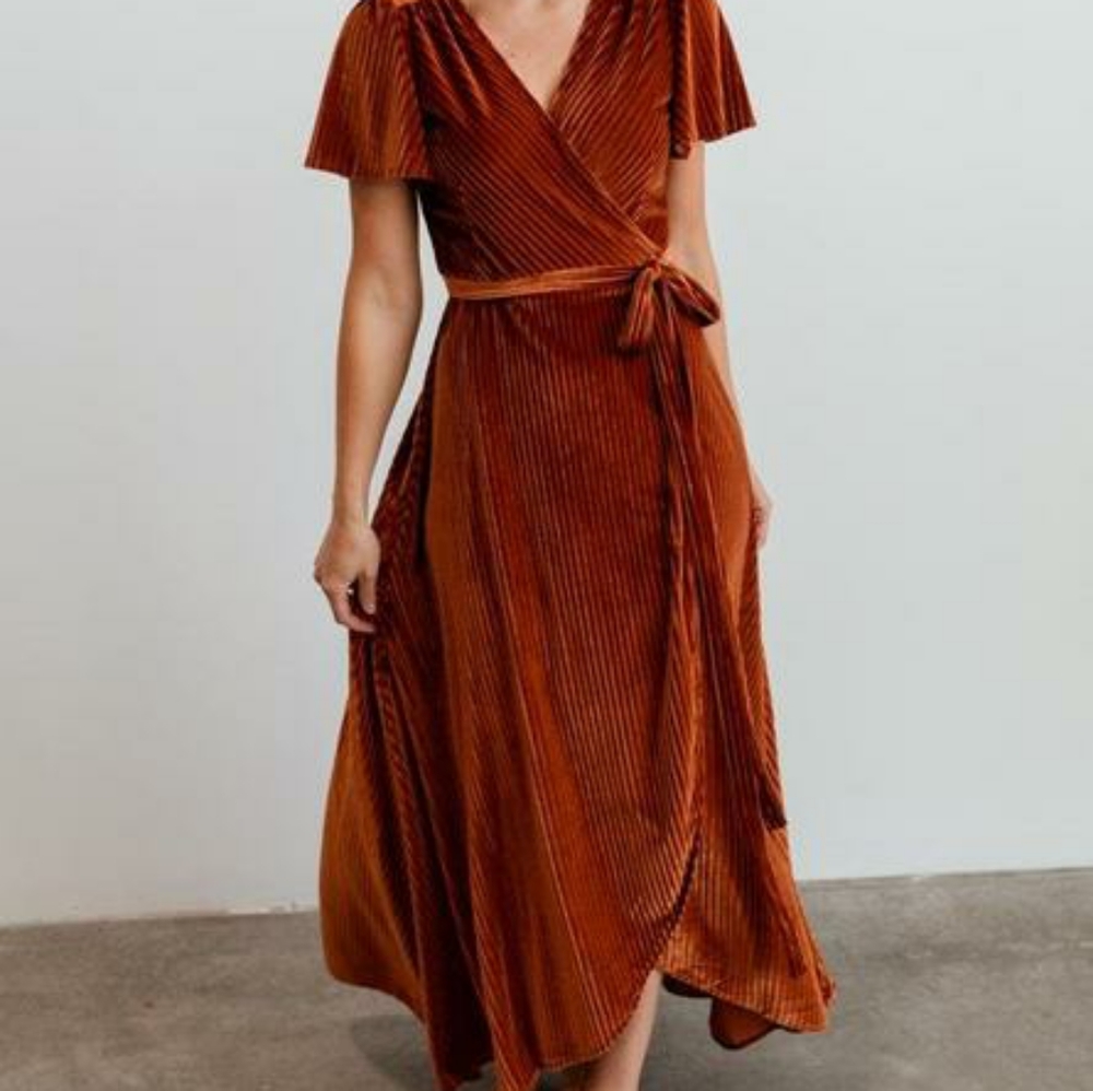 Baltic Born Andi Ribbed Velvet Wrap Dress, Copper Size S